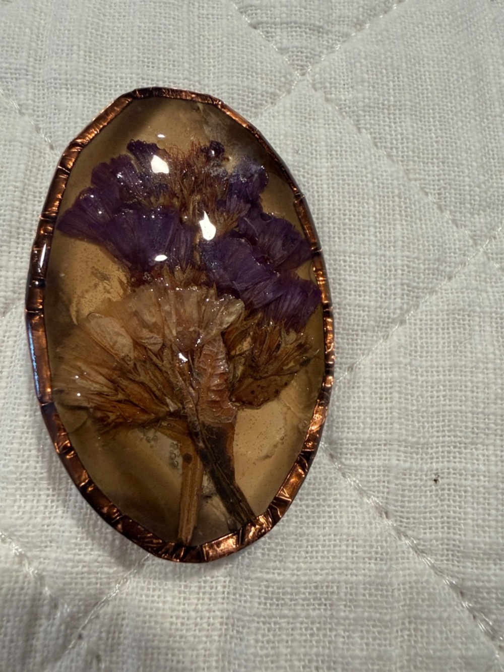 Resin Oval Brooch with Pressed Purple Flowers